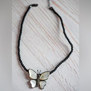 Vintage Butterfly Necklace  Mother of Pearl Style on Braided Cord